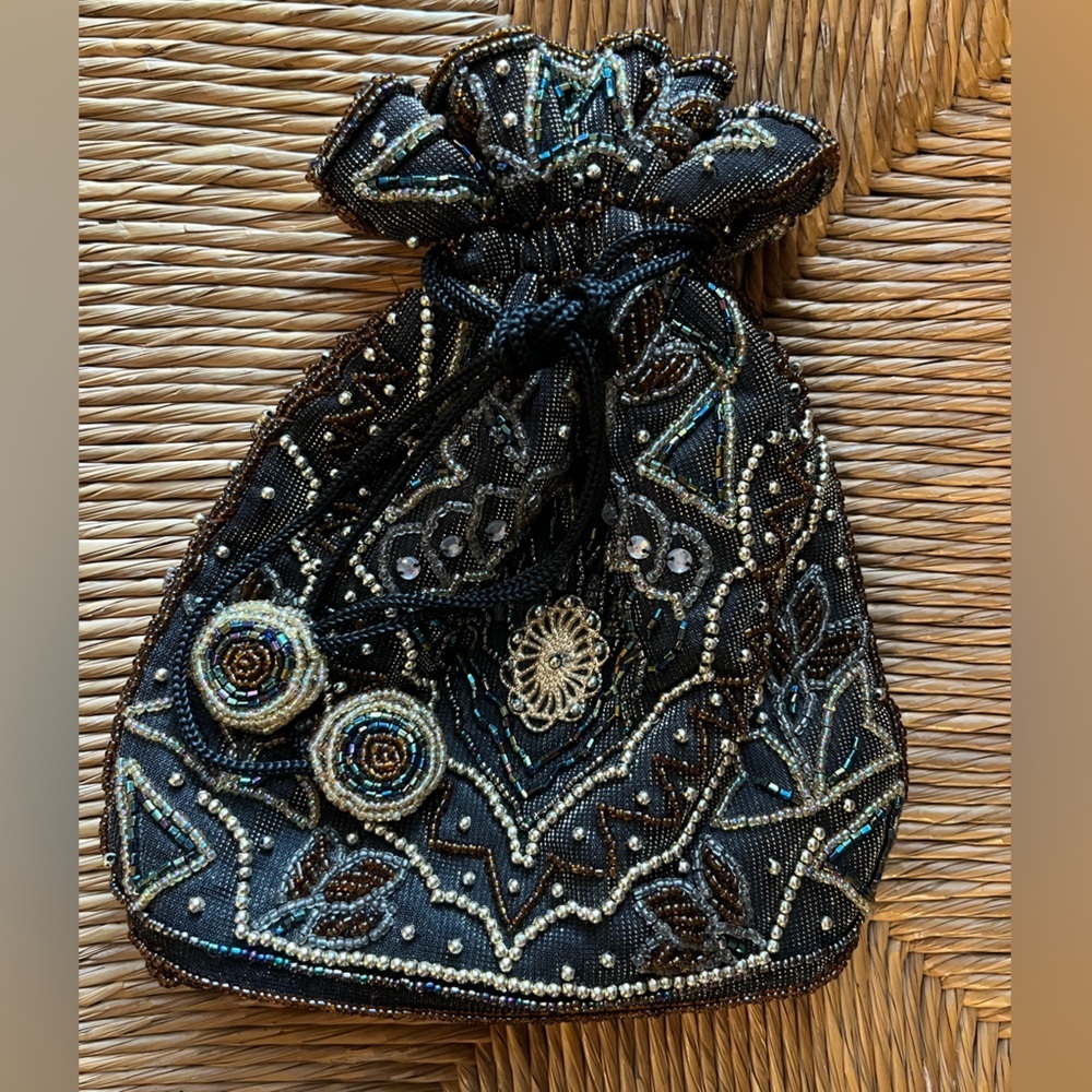 Drawstring Beaded Black, Gold and Brown Bag & Handbag evening clutch purse